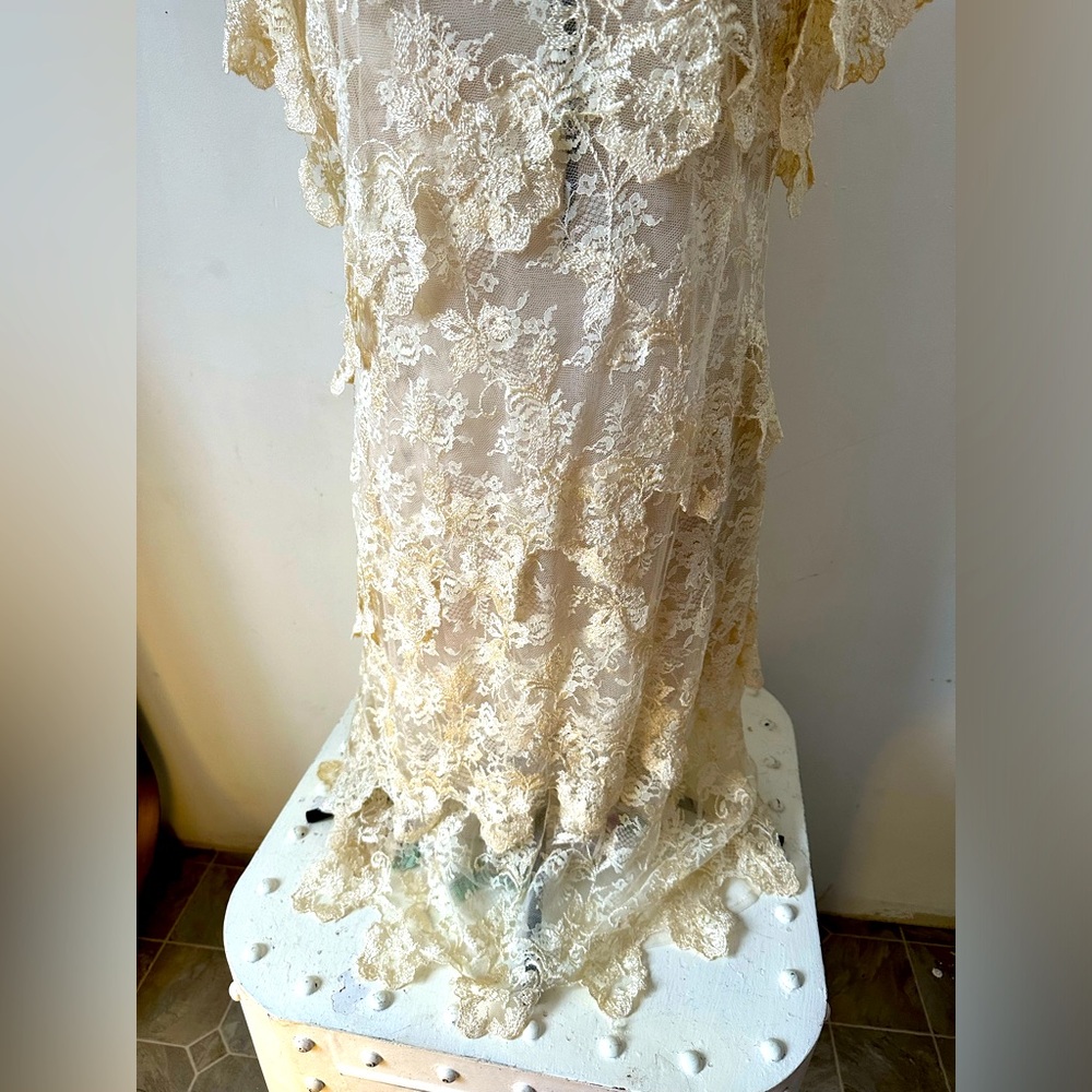Vintage Cream Lace Ruffle Dress M L - Picture 7 of 10